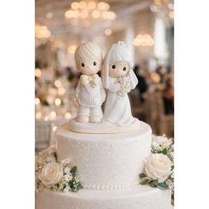 Vintage Wedding Cake Topper Precious Moments Porcelain Figurine Bride Groom